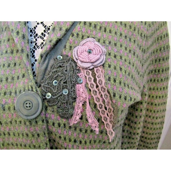 Sigrid Olsen Cardigan Green Wool Blend Knit Sweater Crochet Floral Accents PM - Picture 5 of 12